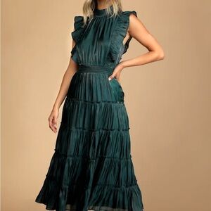 Lulus Take a Glance Emerald Green Tiered Mock Neck Midi Dress
